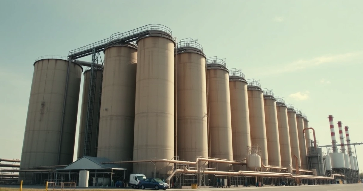 Silos e tubulacoes de uma planta quimica sob ceu claro